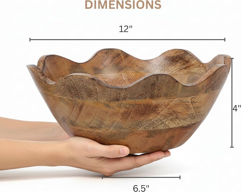 Mela Artisans Scalloped Decorative Wooden Bowl | 12 Inch Mango Wood Fruit & Serving Bowl | Natural Grain Finish | For Kitchen Counter | Snacks | Desserts | Bread | Handcrafted Home Decor - Image 2